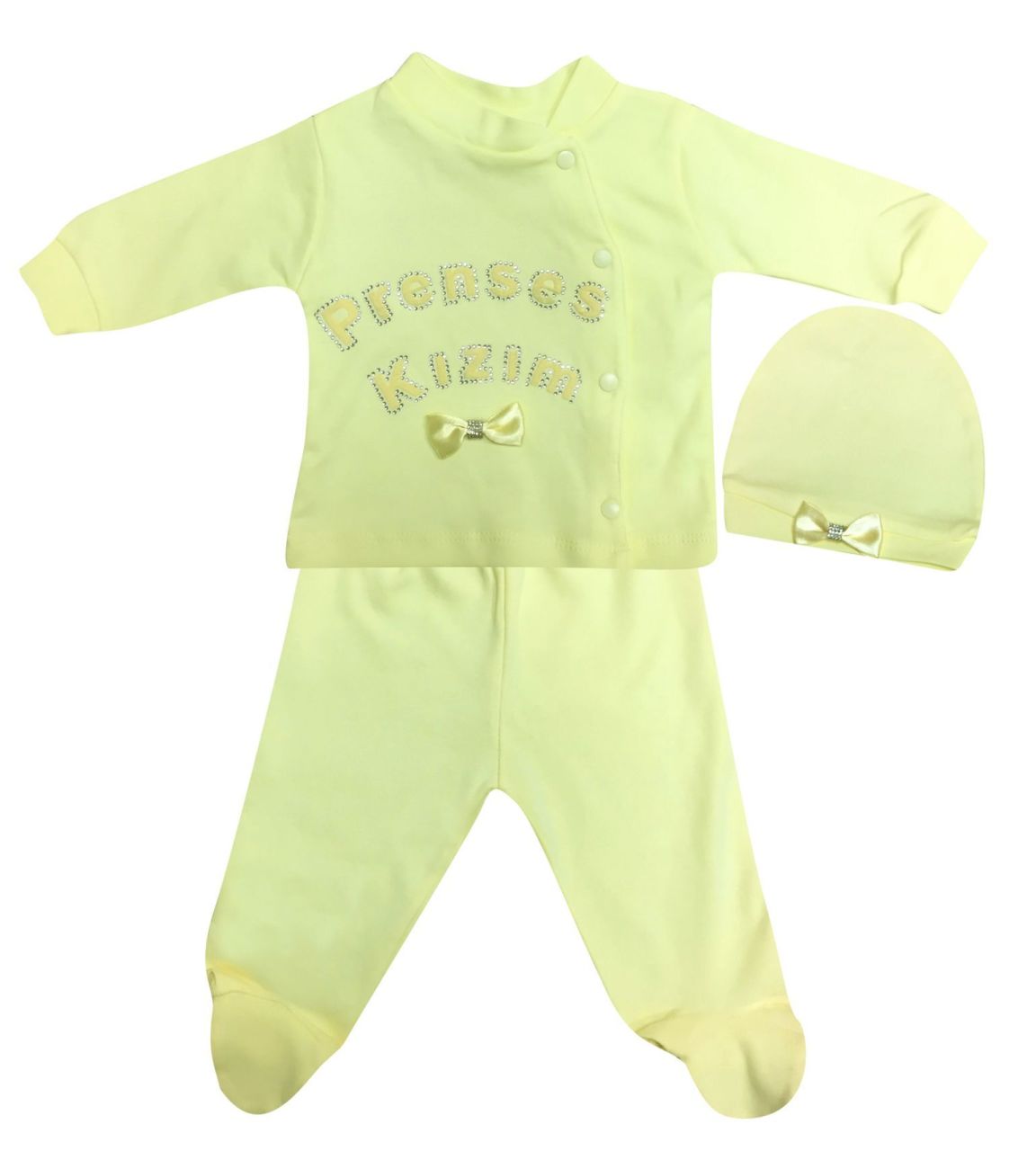 AyBaby AY498 Prenses Baskılı 3Lü Bebek Zıbın Set 0-3 Ay - Sarı