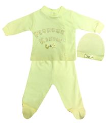 AyBaby AY498 Prenses Baskılı 3Lü Bebek Zıbın Set 0-3 Ay - Sarı