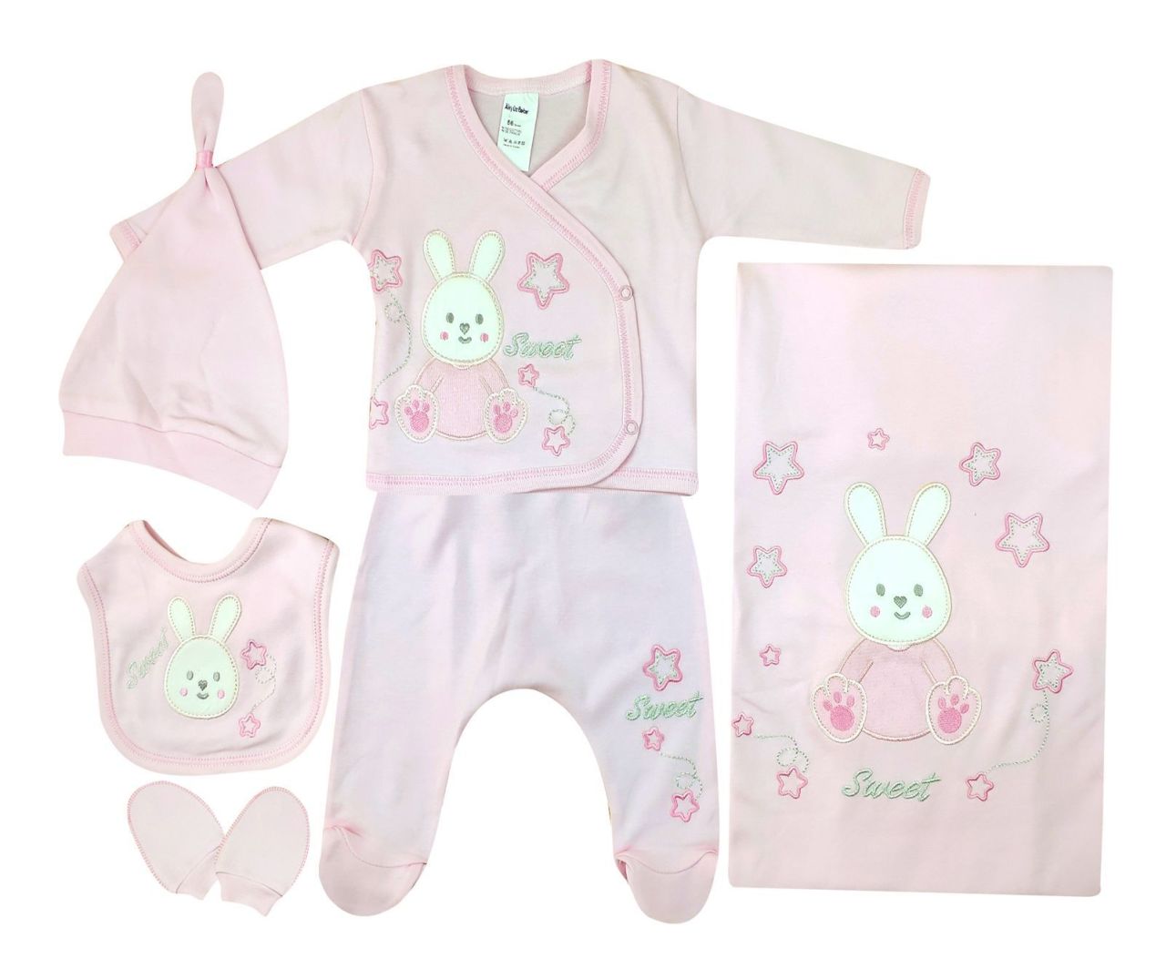 AyBaby AY042 Tavşan Desenli 6Lı Bebek Zıbın Takımı 0-3 Ay - Pembe