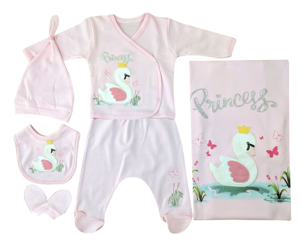 AyBaby AY035 Kuğu Desenli 6Lı Bebek Zıbın Takımı 0-3 Ay - Pembe