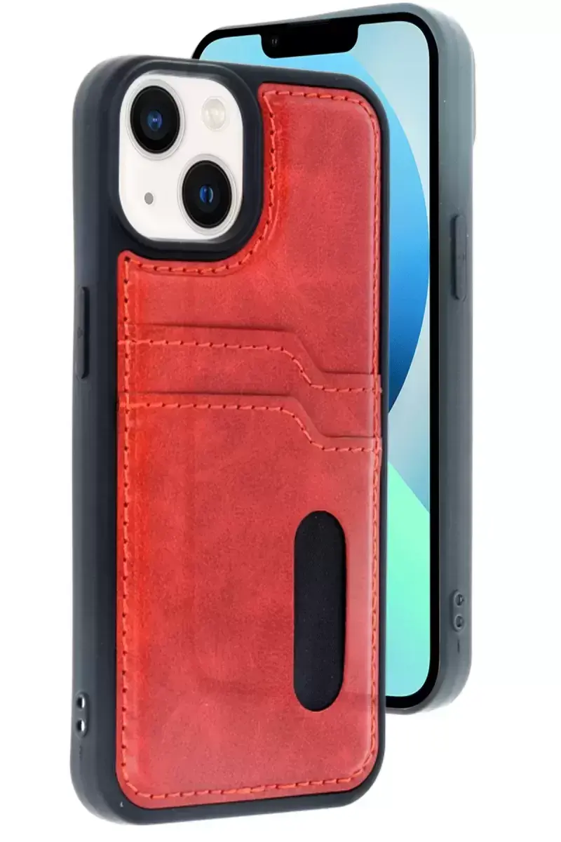 Newface Apple İphone 15 Sara Kartvizitli Deri Kılıf - Kırmızı