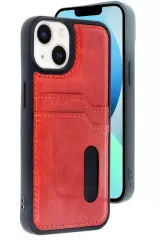 Newface Apple İphone 15 Sara Kartvizitli Deri Kılıf - Kırmızı