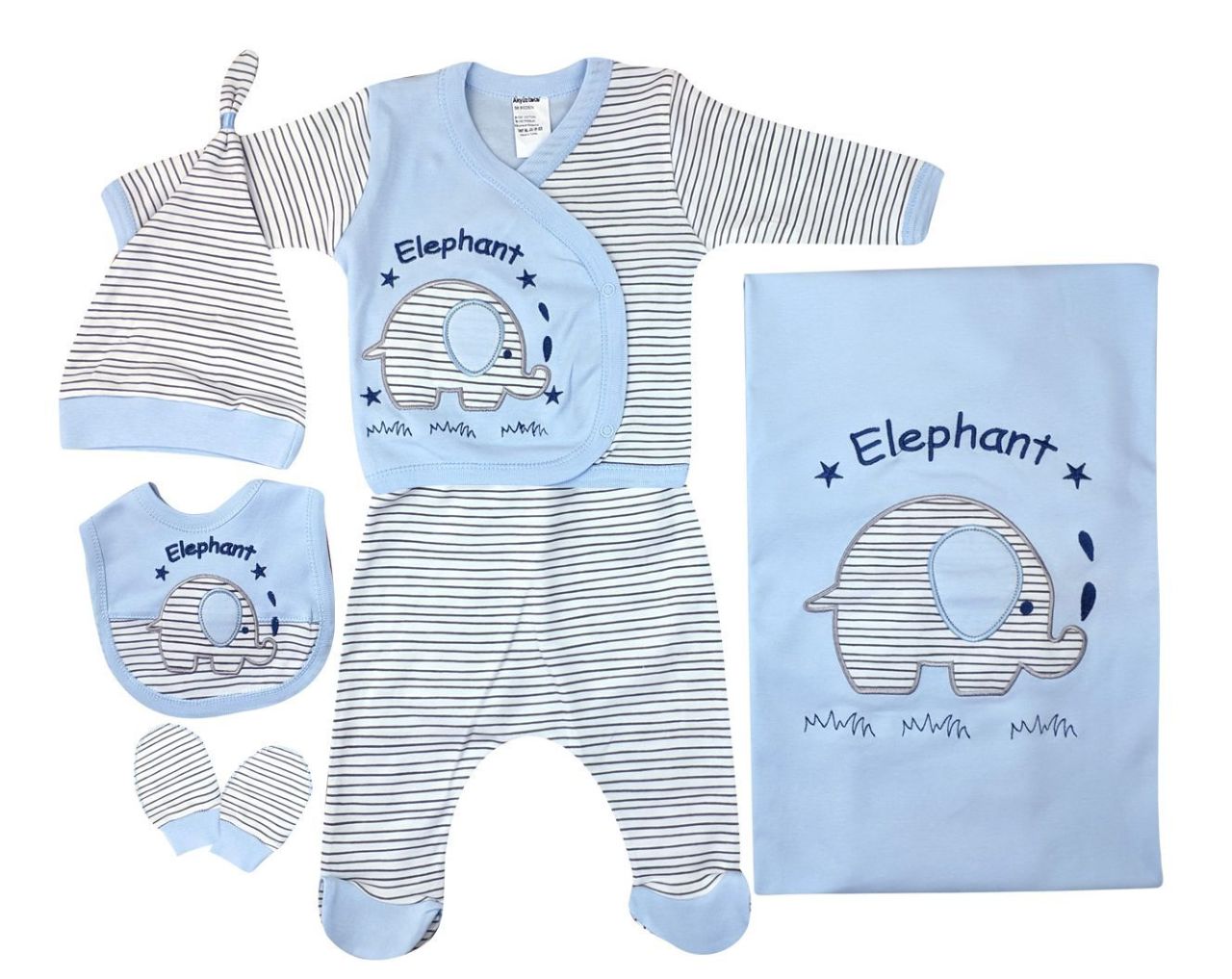 AyBaby AY031 Çizgili Fil Desenli 6Lı Bebek Zıbın Takımı 0-3 Ay - Mavi
