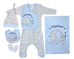 AyBaby AY031 Çizgili Fil Desenli 6Lı Bebek Zıbın Takımı 0-3 Ay - Mavi