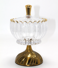 Metal Ayaklı Kristal Cam Şekerlik Gold Detaylı Sunumluk Alk4871