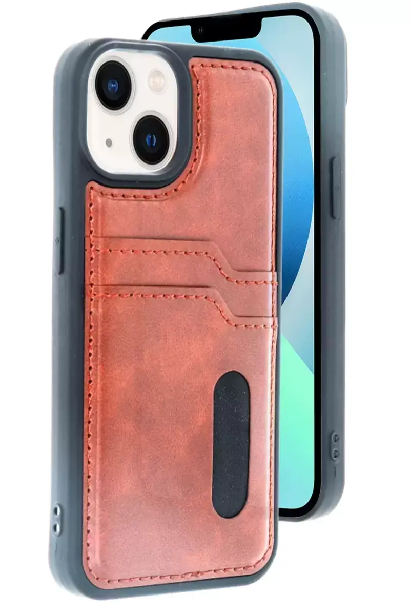 Newface Apple İphone 15 Sara Kartvizitli Deri Kılıf - Taba