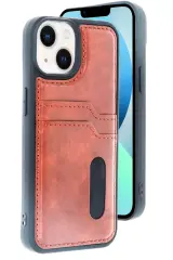 Newface Apple İphone 15 Sara Kartvizitli Deri Kılıf - Taba
