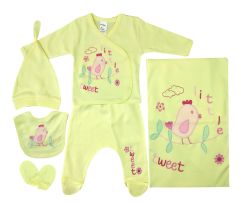 AyBaby AY040 Kuş Desenli 6Lı Bebek Zıbın Takımı 0-3 Ay - Sarı