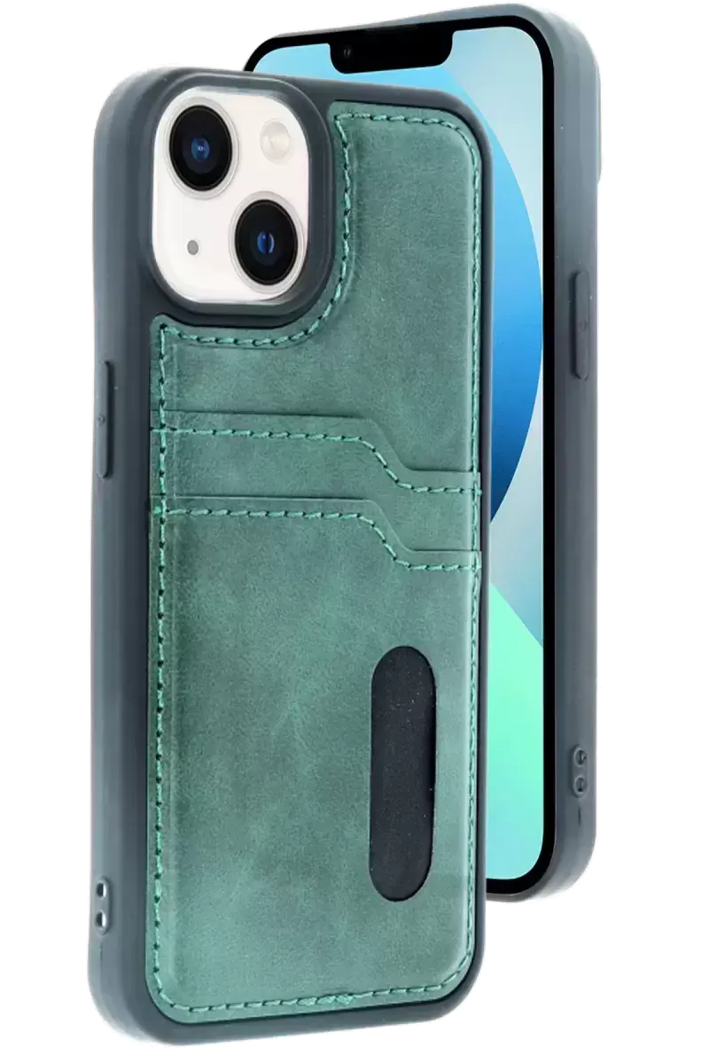 Newface Apple İphone 15 Sara Kartvizitli Deri Kılıf - Yeşil