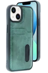 Newface Apple İphone 15 Sara Kartvizitli Deri Kılıf - Yeşil
