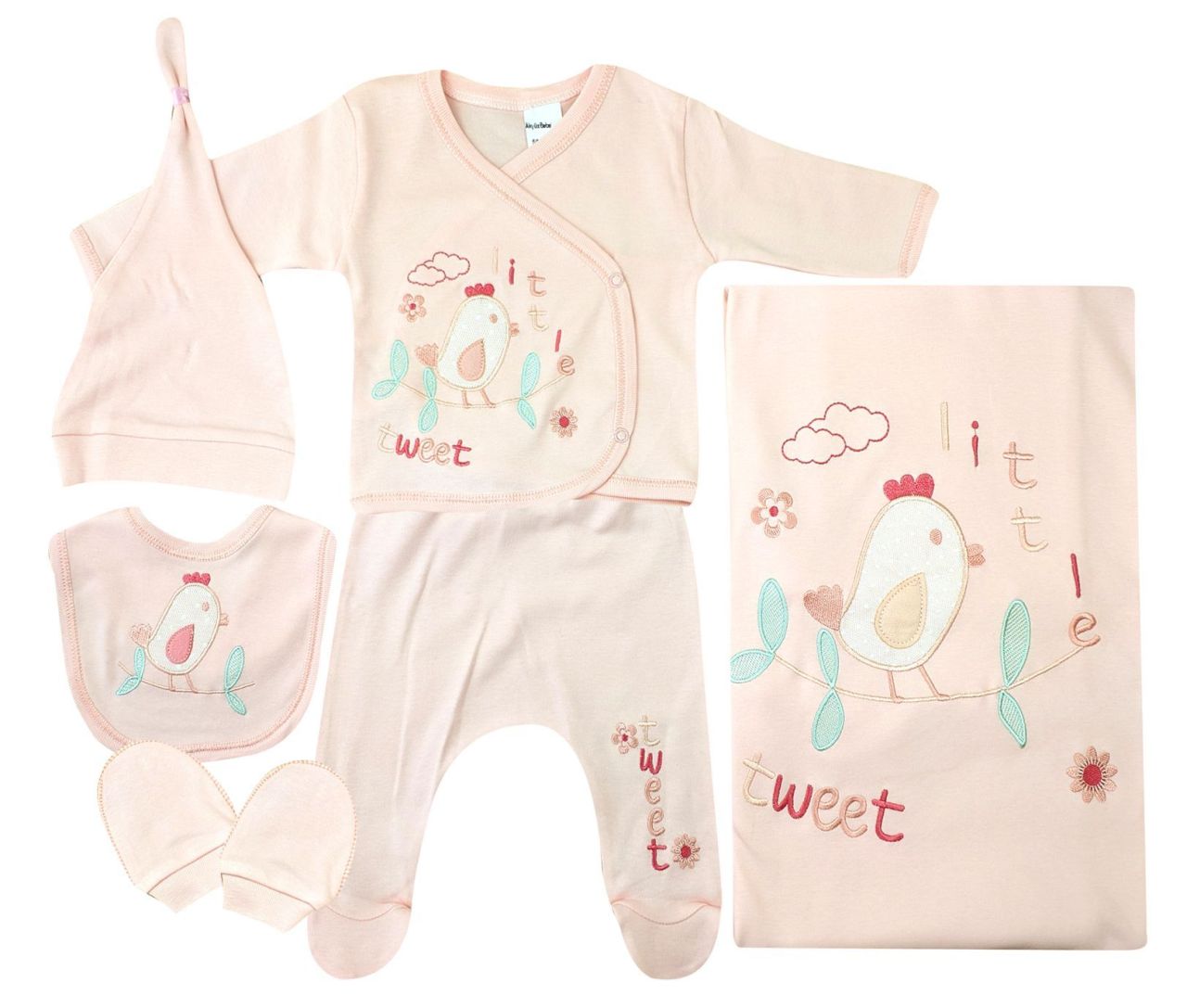 AyBaby AY040 Kuş Desenli 6Lı Bebek Zıbın Takımı 0-3 Ay - Somon