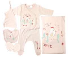 AyBaby AY040 Kuş Desenli 6Lı Bebek Zıbın Takımı 0-3 Ay - Somon