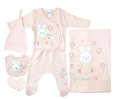 AyBaby AY042 Tavşan Desenli 6Lı Bebek Zıbın Takımı 0-3 Ay - Somon