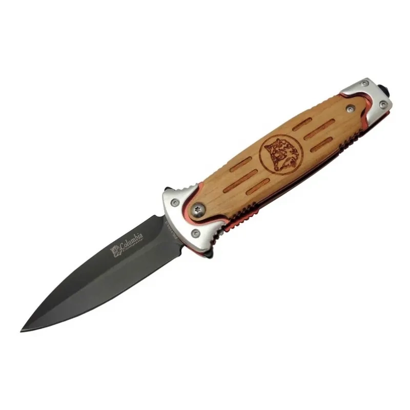 Fs 11033 Kahverengi Kurtarma / Kamp Çakısı 20cm - Yarı Otomatik, Kurt İşlemeli Ahşap Sap, Kemerlikli