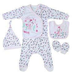 AyBaby AY530 Çiçekli Kuş Desenli 5Li Bebek Zıbın Seti 0-3 Ay - Pembe
