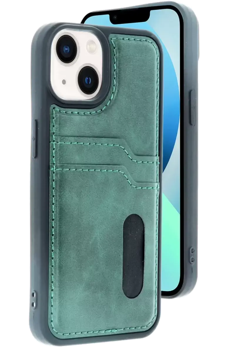 Newface Apple İphone 15 Sara Kartvizitli Deri Kılıf - Yeşil