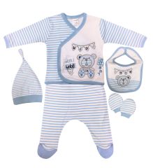 AyBaby AY538 Çizgili Ayılı 5Li Bebek Zıbın Seti 0-3 Ay - Mavi