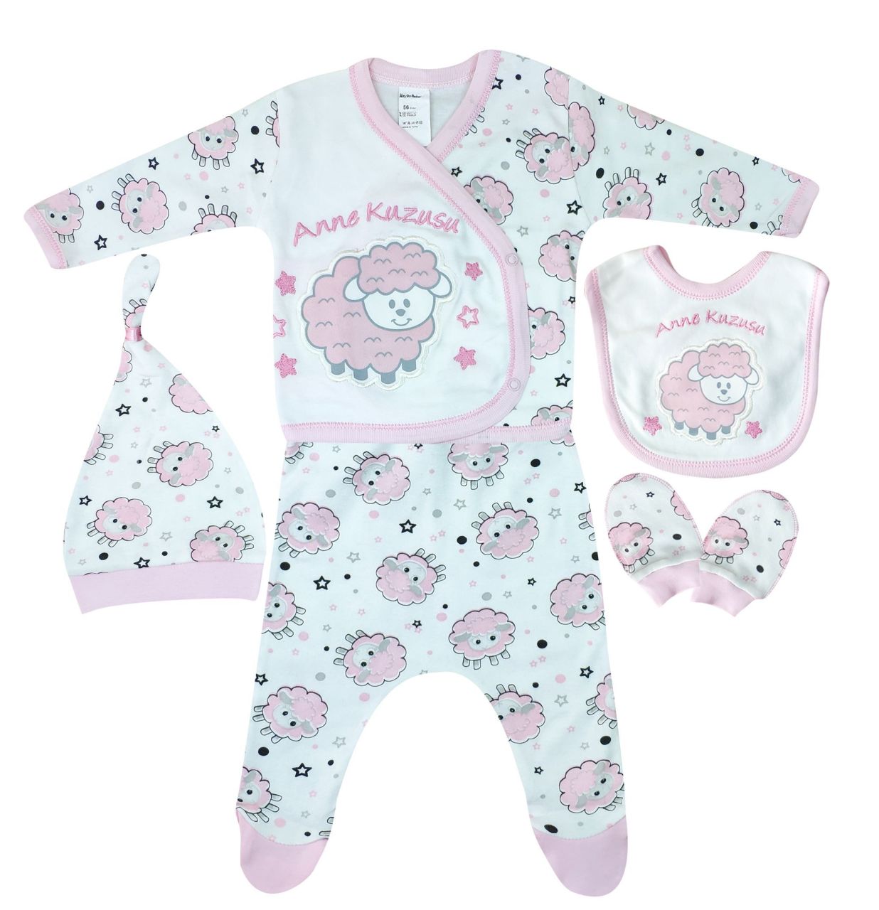 AyBaby AY044 Kuzu Baskılı 5Li Bebek Zıbın Seti 0-3 Ay - Pembe