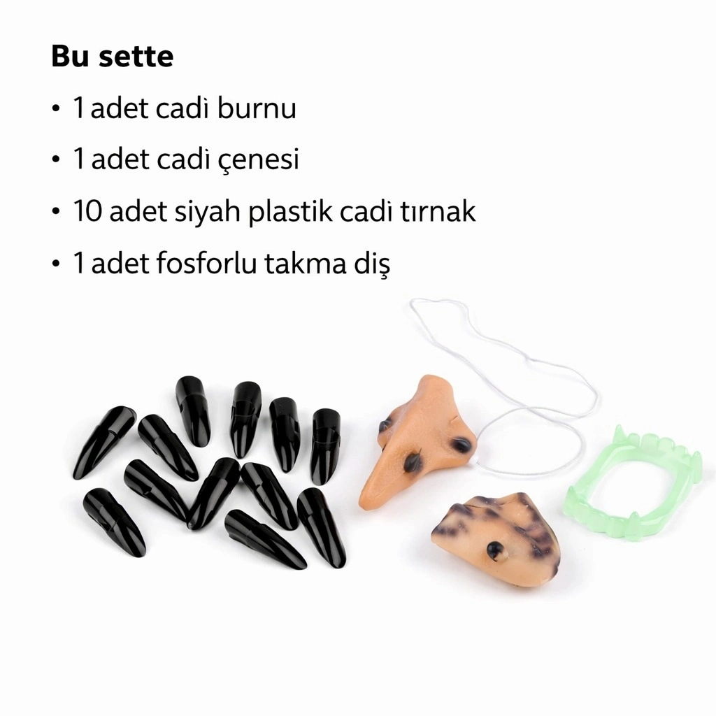 Cadı Aksesuar Seti – Burun, Çene, Fosforlu Diş Ve 10 Adet Siyah Tırnak