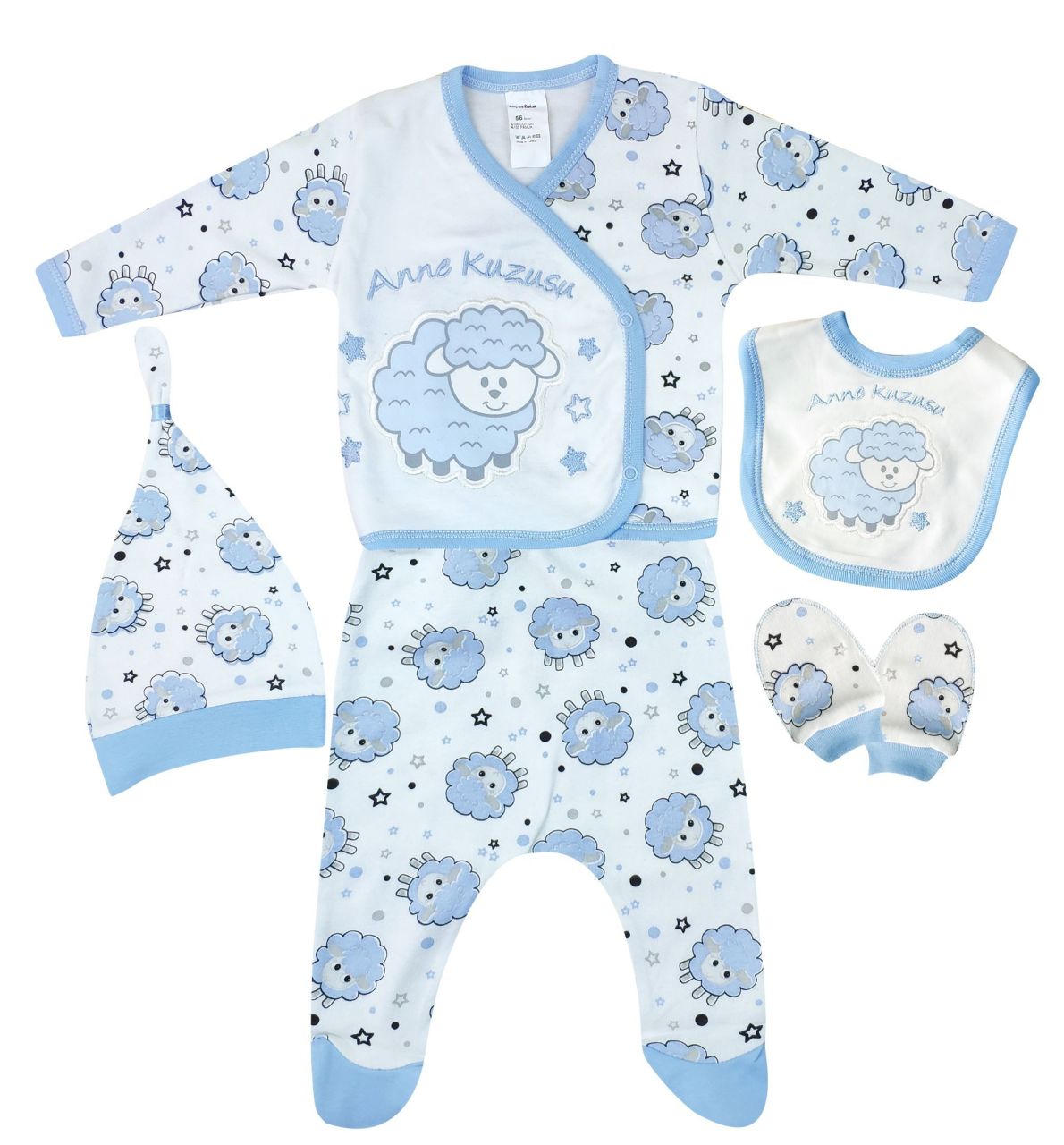 AyBaby AY044 Kuzu Baskılı 5Li Bebek Zıbın Seti 0-3 Ay - Mavi