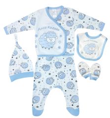 AyBaby AY044 Kuzu Baskılı 5Li Bebek Zıbın Seti 0-3 Ay - Mavi