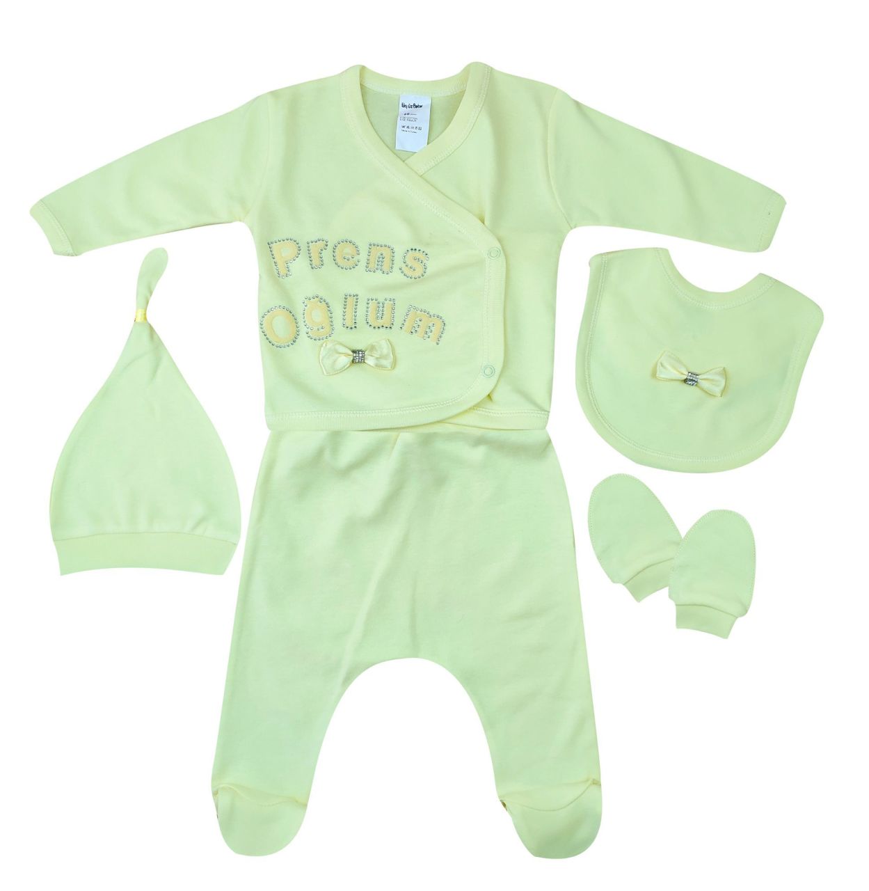 AyBaby AY532 Prens Oğlum 5Li Bebek Zıbın Seti 0-3 Ay - Sarı