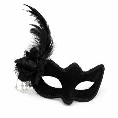Beyaz İnci Detaylı Siyah Süet Venedik Kadın Maskesi Tüylü Güllü
