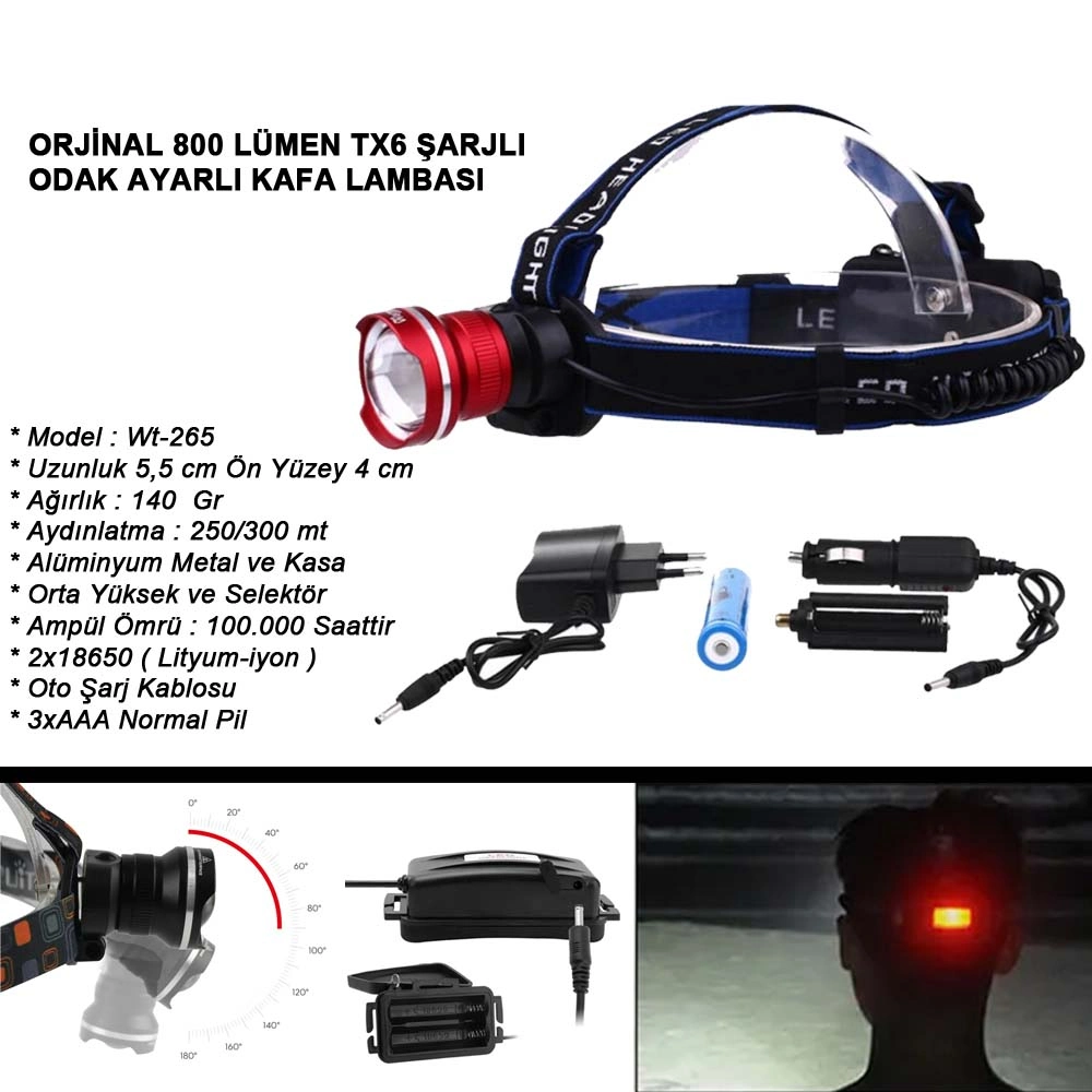 Orjinal 800 Lümen T6 Şarjlı Kafa Feneri Wt-265