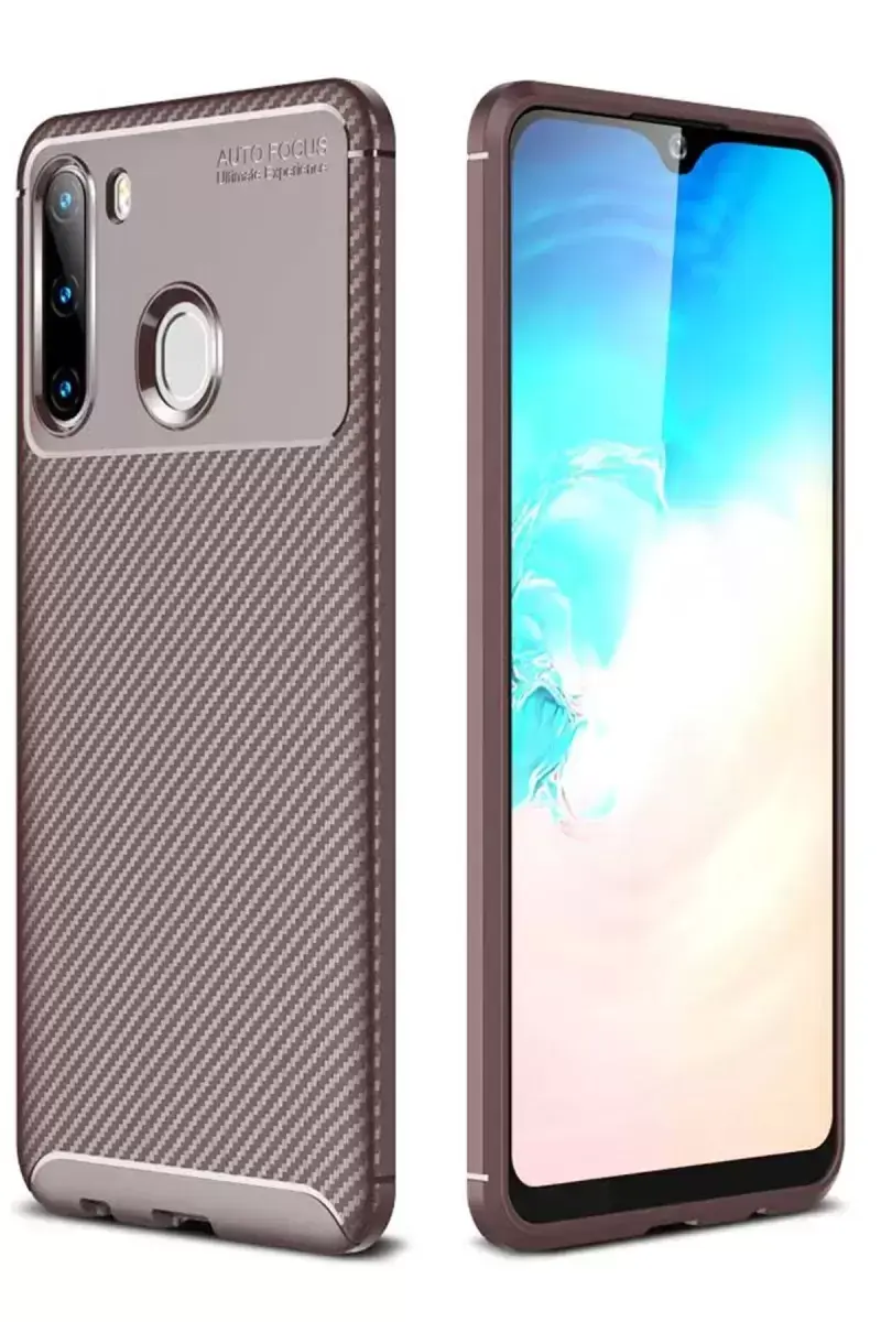 Newface Samsung Galaxy A21 Kılıf Auto Focus Karbon Kapak - Kahverengi