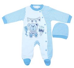 AyBaby AY071 Çizgili Ayıcık Desenli 2Li Bebek Tulumu 0-3 Ay - Mavi