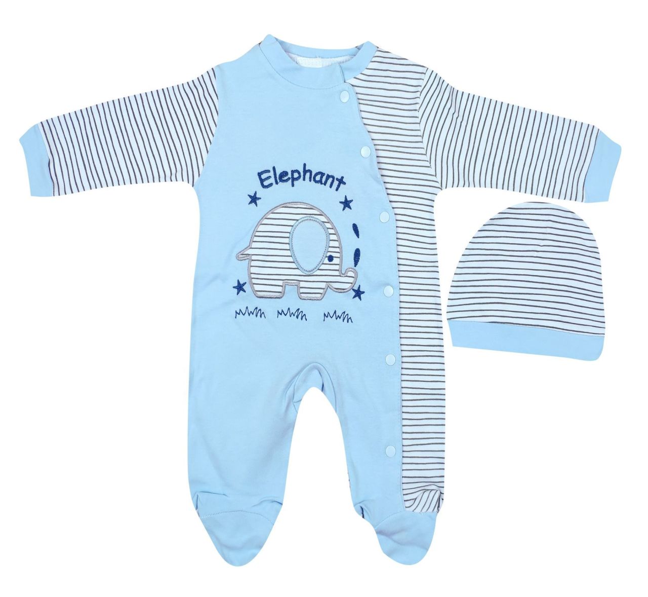 AyBaby AY065 Çizgili Filli 2Li Bebek Tulumu 0-3 Ay - Mavi