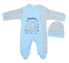 AyBaby AY065 Çizgili Filli 2Li Bebek Tulumu 0-3 Ay - Mavi
