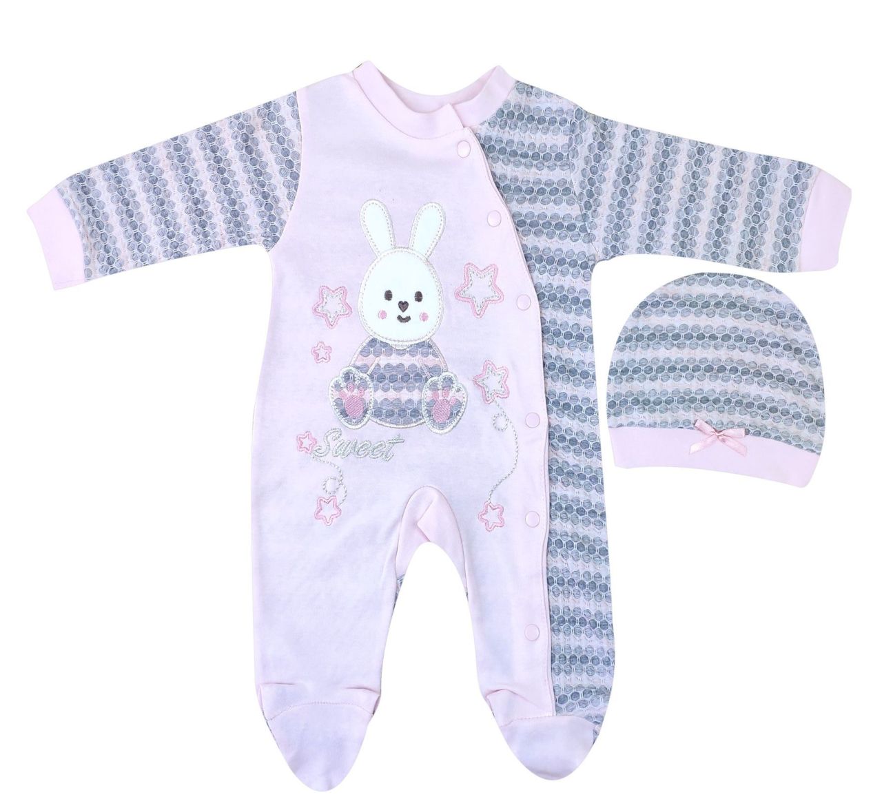 AyBaby AY058 Jakarlı Tavşan Desenli 2Li Bebek Tulumu 0-3 Ay - Pembe