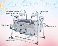Jusso Cute Sheep Sallanır Bebek Beşiği + Cibinlik Tülü Hediyeli - Gri