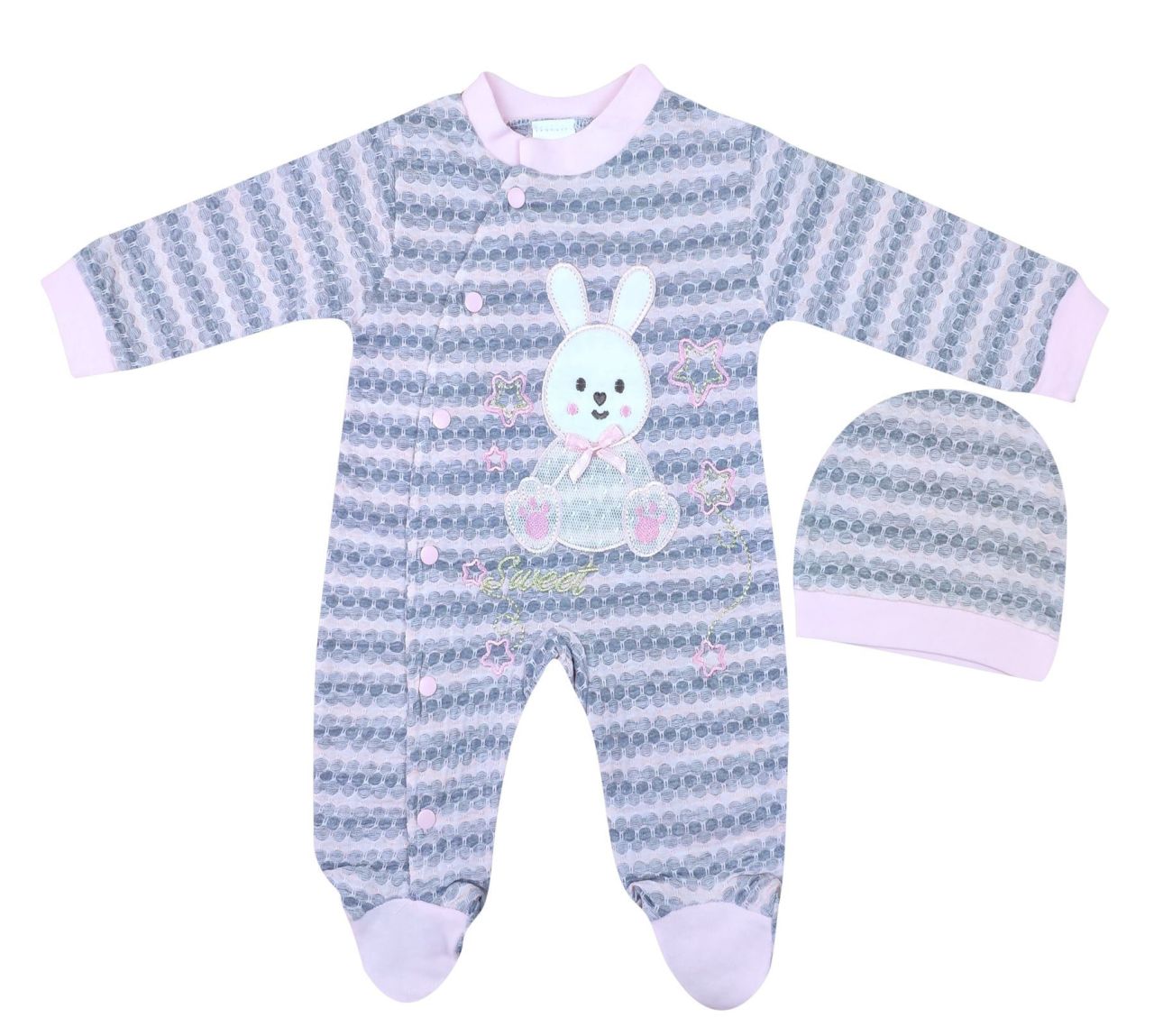 AyBaby AY057 Jakarlı Tavşan Desenli 2Li Bebek Tulumu 0-3 Ay - Pembe