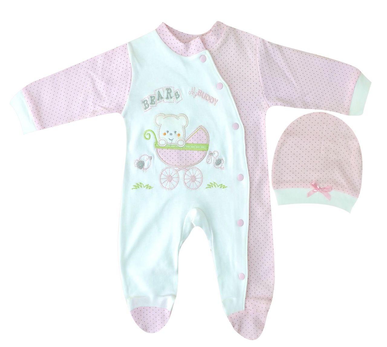 AyBaby AY120 Bebek Arabası Desenli 2Li Bebek Tulumu 0-3 Ay - Pembe