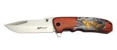 Mtech Y 12k Kahverengi Kamp Çakı 21,5cm - Yarı Otomatik, Kemerlikli, Kurt Baskılı Ahşap Sap