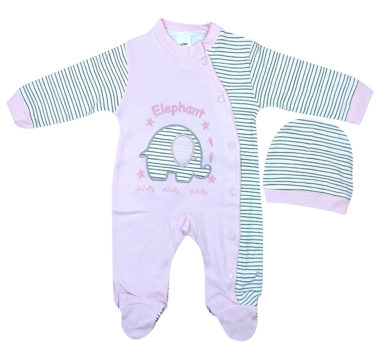 AyBaby AY065 Çizgili Filli 2Li Bebek Tulumu 0-3 Ay - Pembe