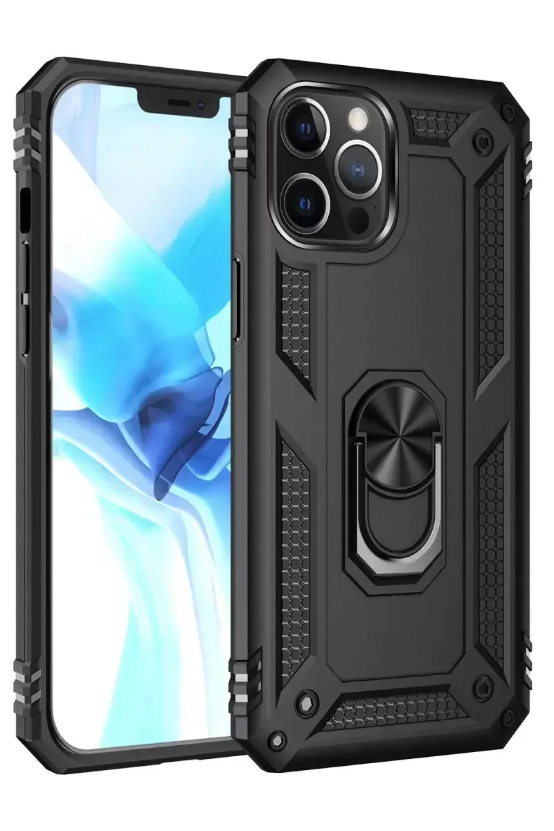 Newface İphone 12 Pro Max Kılıf Sofya Yüzüklü Silikon Kapak - Siyah