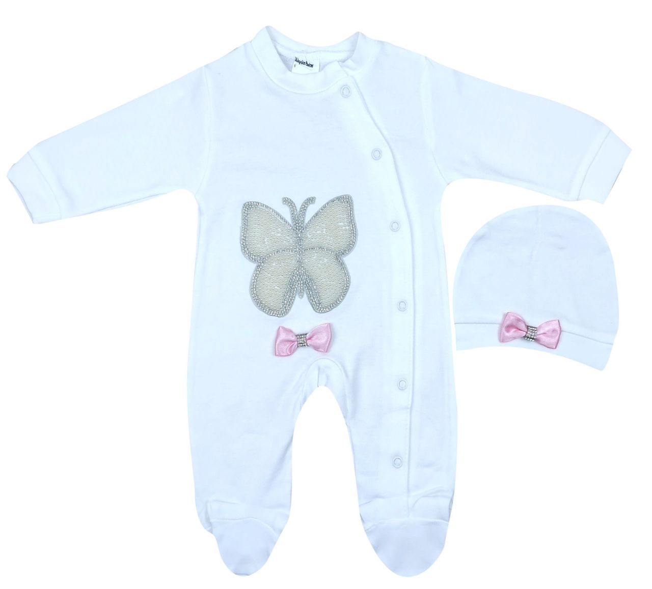 AyBaby AY072 Taşlı Kelebek Desenli 2Li Bebek Tulum 0-3 Ay - Beyaz