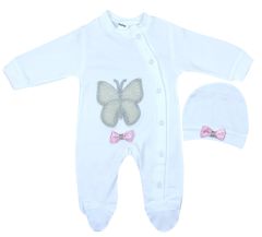 AyBaby AY072 Taşlı Kelebek Desenli 2Li Bebek Tulum 0-3 Ay - Beyaz