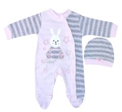 AyBaby AY107 Jakarlı Tavşan Desenli 2Li Bebek Tulumu Yenidoğan - Pembe
