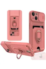 Newface İphone 15 Kılıf Zuma Kartvizitli Yüzüklü Silikon - Pembe