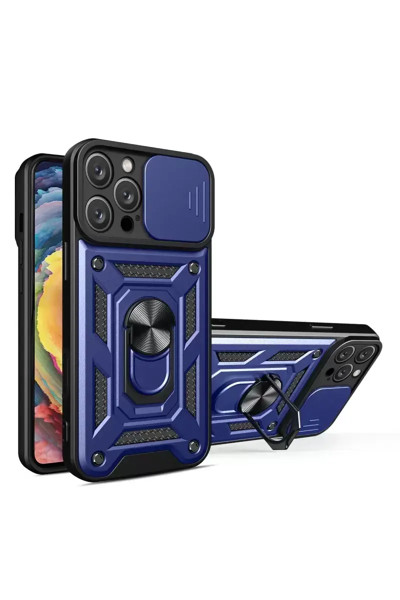 Newface Apple İphone 16 Pro Max Kılıf Pars Lens Yüzüklü Silikon - Lacivert