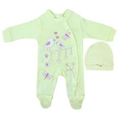 AyBaby AY059 Kuşlu Desenli 2Li Bebek Tulumu 0-3 Ay - Sarı