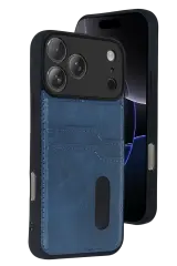 Newface Apple İphone 17 Pro Sara Kartvizitli Deri Kılıf - Lacivert