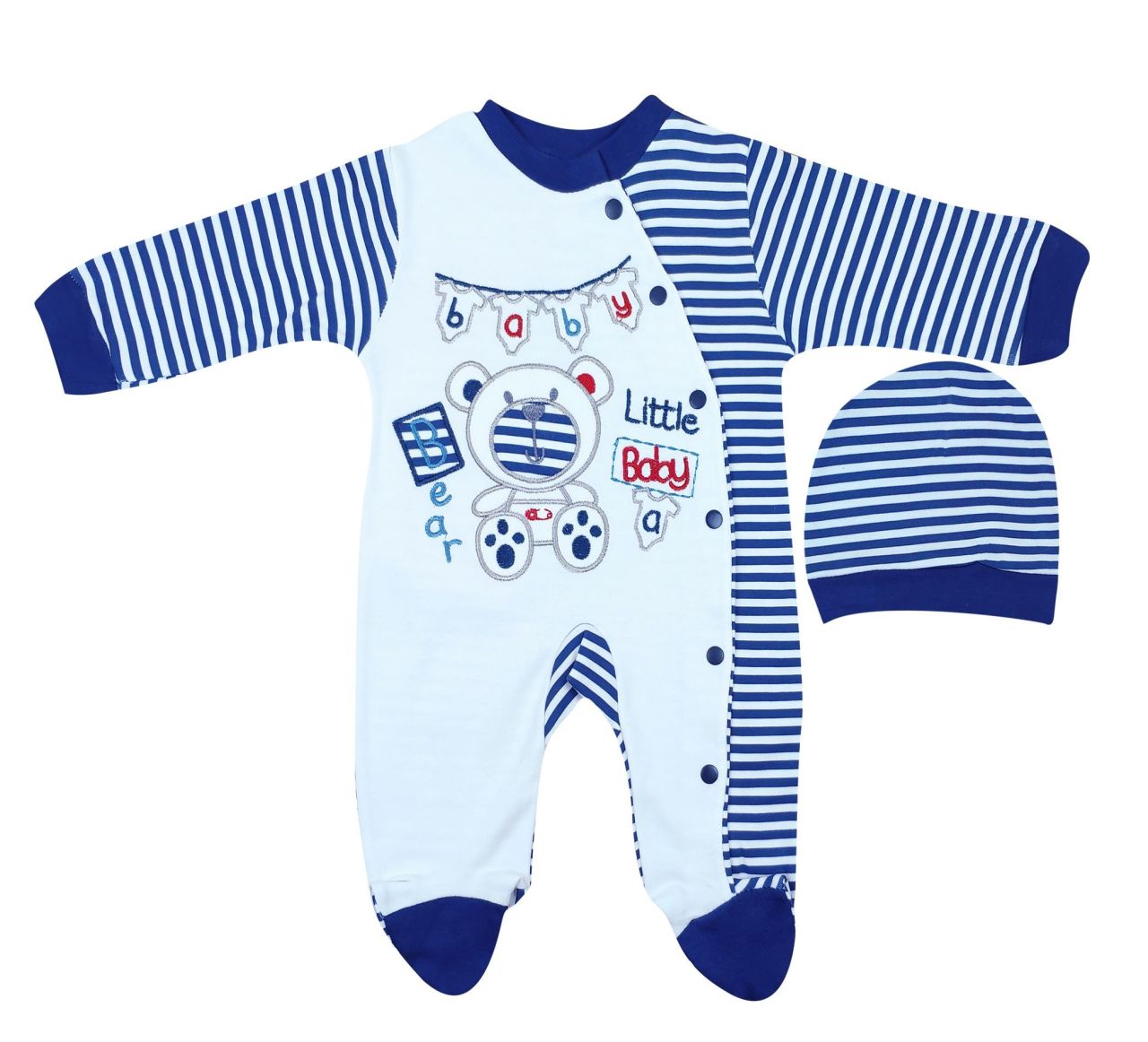AyBaby AY071 Çizgili Ayıcık Desenli 2Li Bebek Tulumu 0-3 Ay - Lacivert