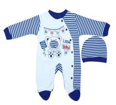 AyBaby AY071 Çizgili Ayıcık Desenli 2Li Bebek Tulumu 0-3 Ay - Lacivert