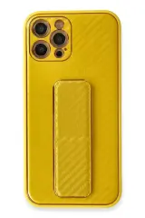 Newface Apple İphone 12 Pro Kılıf Coco Karbon Standlı Kapak - Sarı
