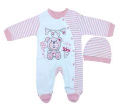 AyBaby AY096 Çizgili Ayıcık Desenli 2Li Bebek Tulumu Yenidoğan - Pembe